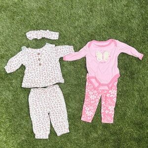 Pink & White leopard print baby Outfit & Pink butterfly top w/ pink floral pants